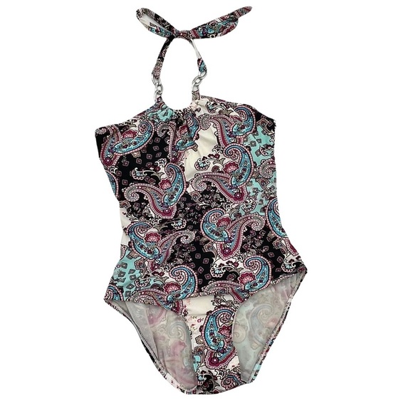 Love Your Assets Spanx One-Piece Swimsuit Halter Neck Chain Detail Paisley | M - Picture 2 of 9